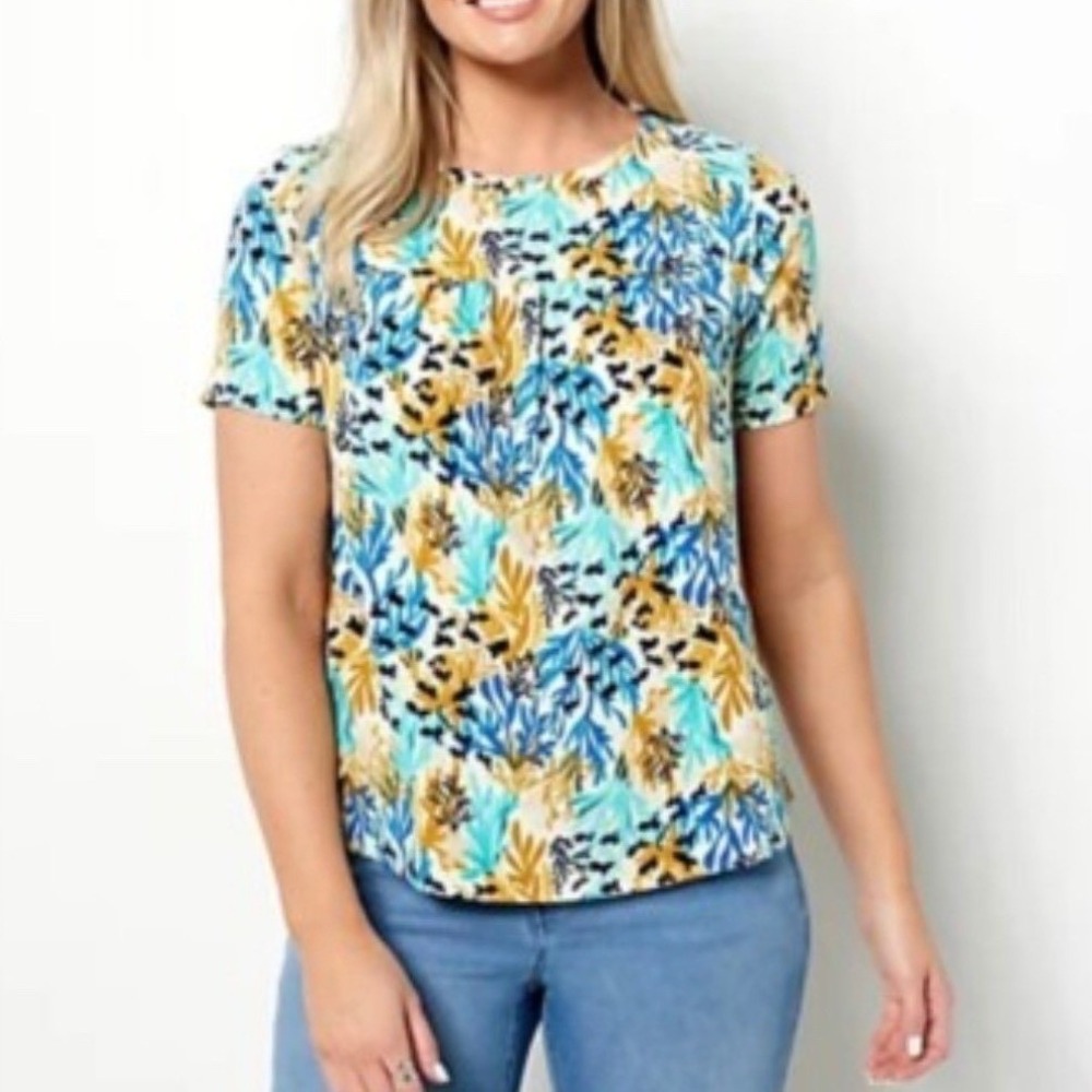 Denim & Co Blue Yellow Floral Short Sleeve Babydoll Tunic Top Plus Size 2X
